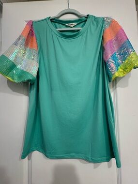Boutique Haptics Women’s Top: Seafoam with Rainbow Sequin Puff Sleeves